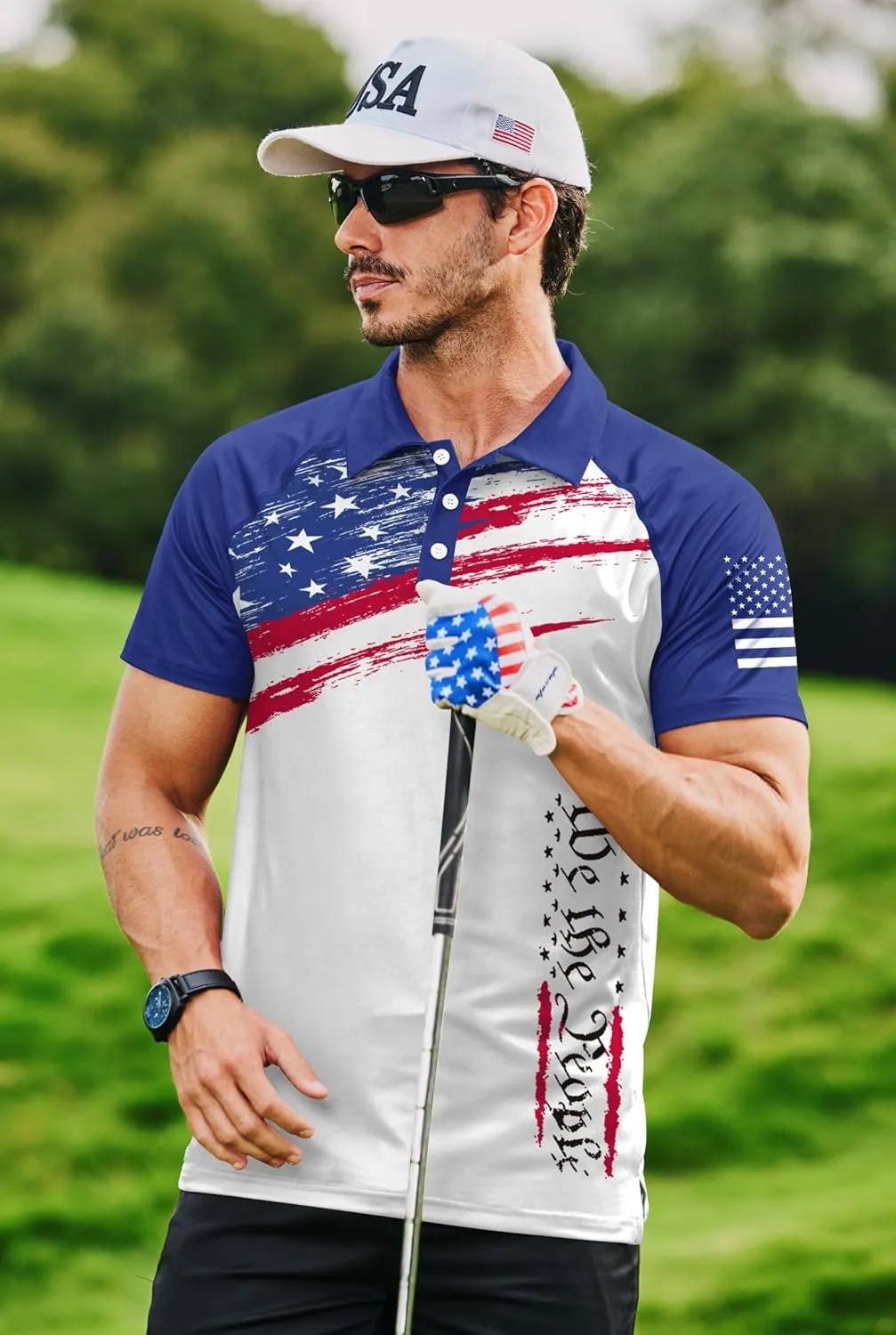 Mainfini Men's Short Sleeve Golf Shirt 1776 USA Flag Graphic Button Polo Shirt (S-3XL)