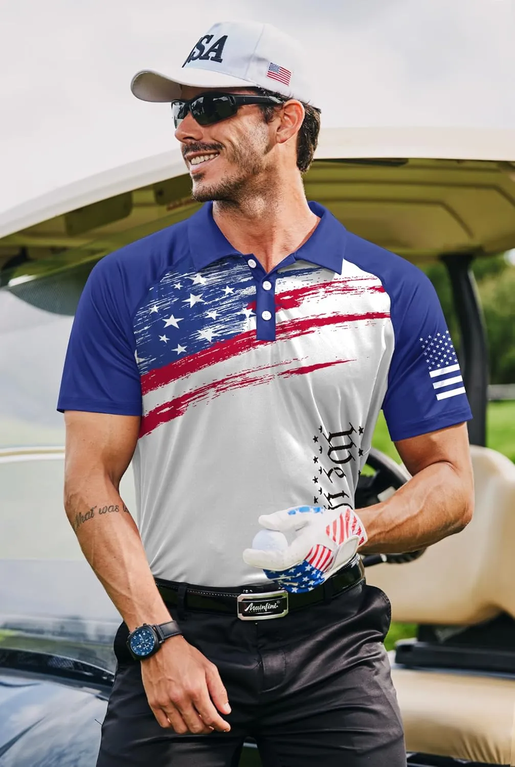 Mainfini Men's Short Sleeve Golf Shirt 1776 USA Flag Graphic Button Polo Shirt (S-3XL)