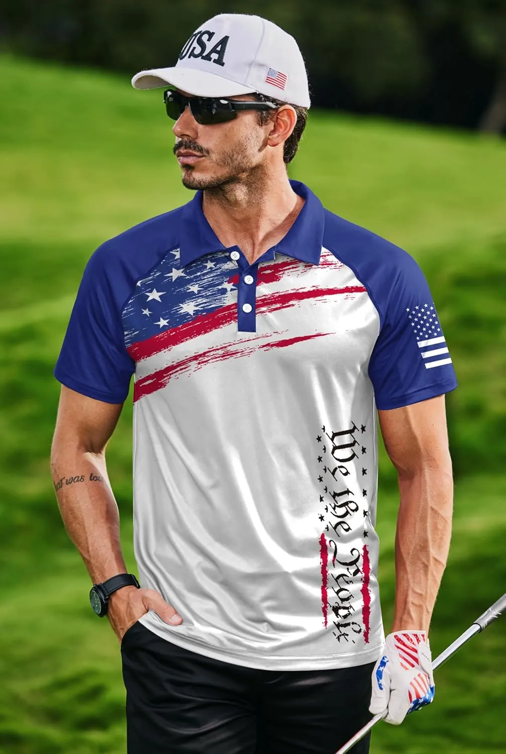 Mainfini Men's Short Sleeve Golf Shirt 1776 USA Flag Graphic Button Polo Shirt (S-3XL)