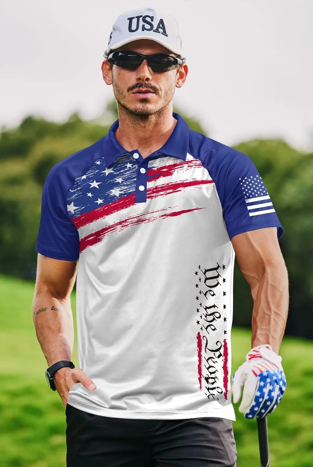 Mainfini Men's Short Sleeve Golf Shirt 1776 USA Flag Graphic Button Polo Shirt (S-3XL)