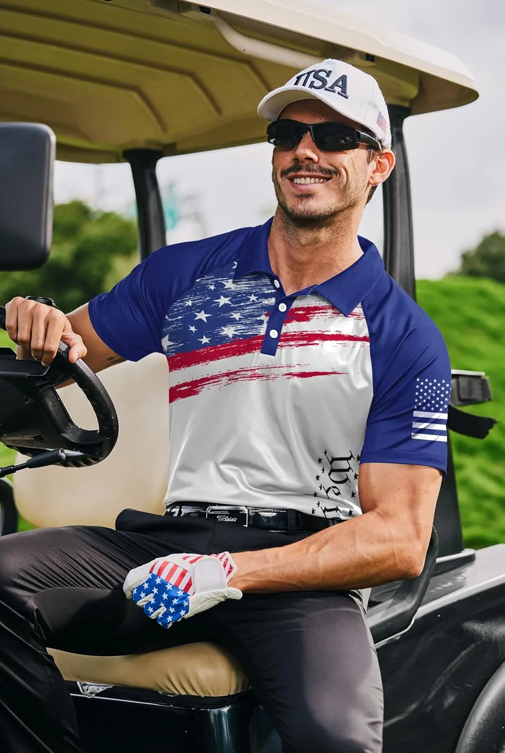 Mainfini Men's Short Sleeve Golf Shirt 1776 USA Flag Graphic Button Polo Shirt (S-3XL)