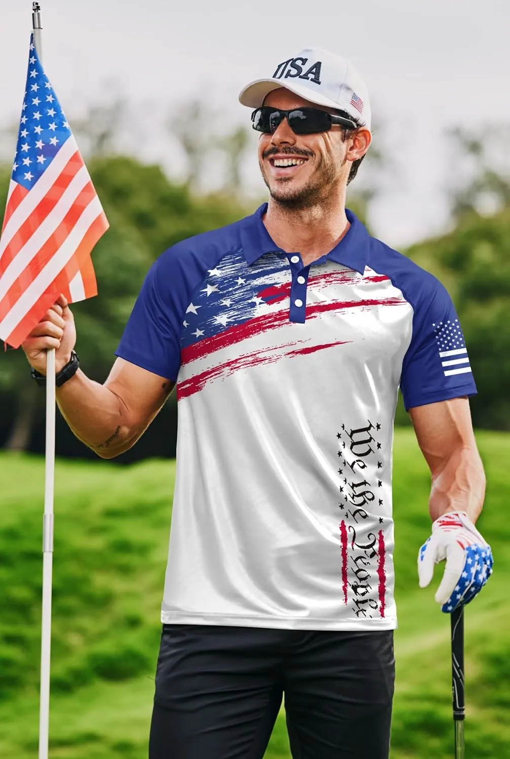 Mainfini Men's Short Sleeve Golf Shirt 1776 USA Flag Graphic Button Polo Shirt (S-3XL)