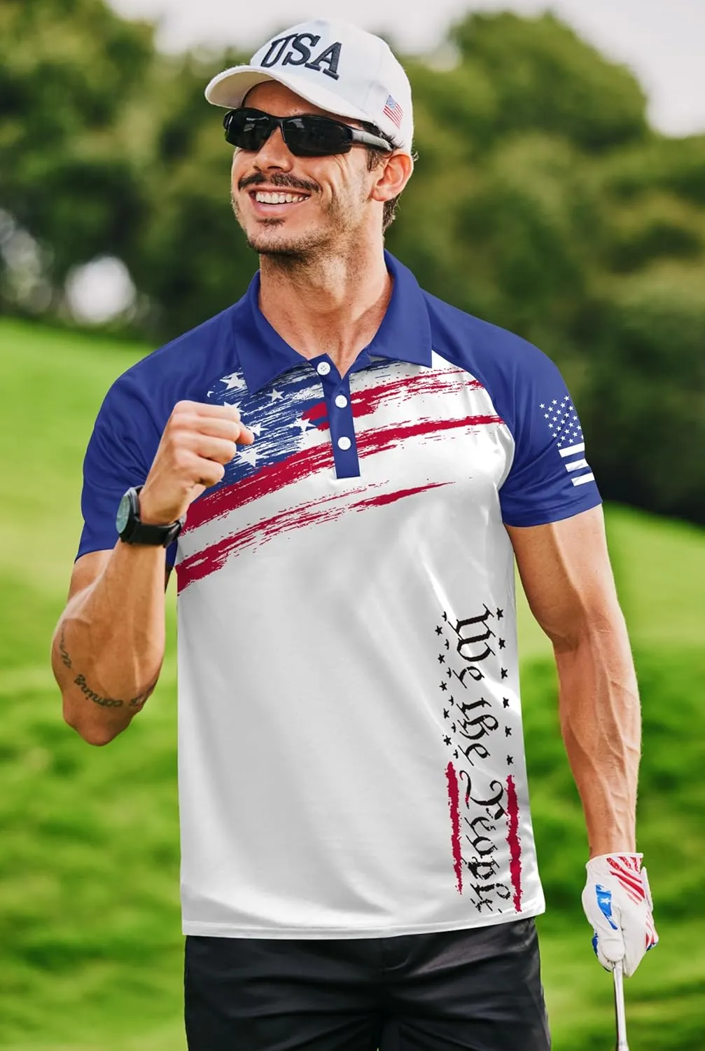 Mainfini Men's Short Sleeve Golf Shirt 1776 USA Flag Graphic Button Polo Shirt (S-3XL)