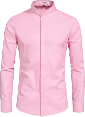 Mens Banded Collar(Mandarin Collar) Long Sleeve Casual Solid Fancy Dress Shirts