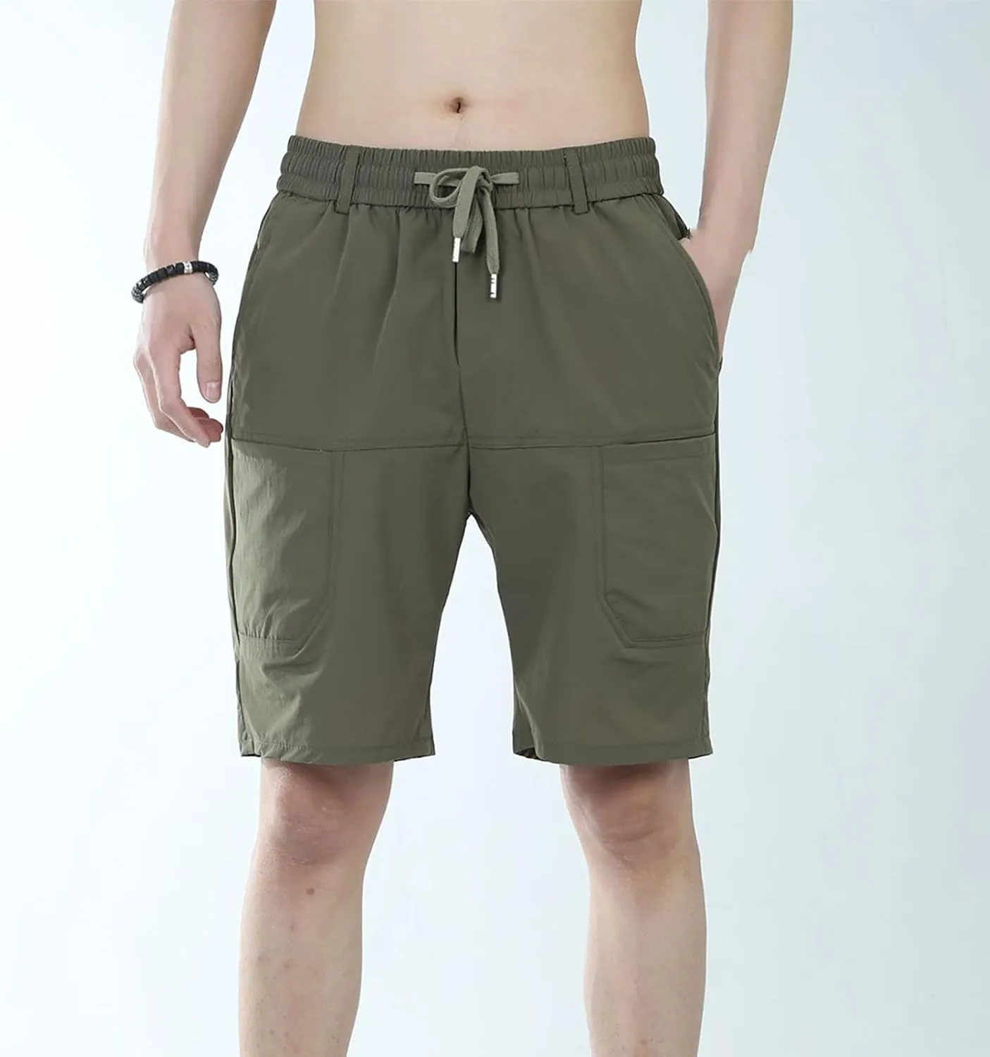 Mens Cargo Shorts Summer Casual Knee Length Stretchy Work Hiking Fishing Shorts Elastic Waist Waterproof Short Pants