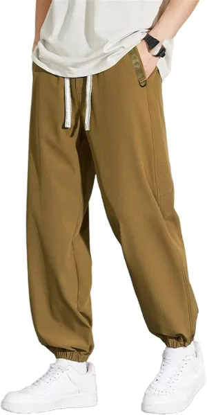 Men's Pant Ice Silk Casual Summer Lightweight Sports Loose Drawstring Cropped Spring Fall Trouser for Men