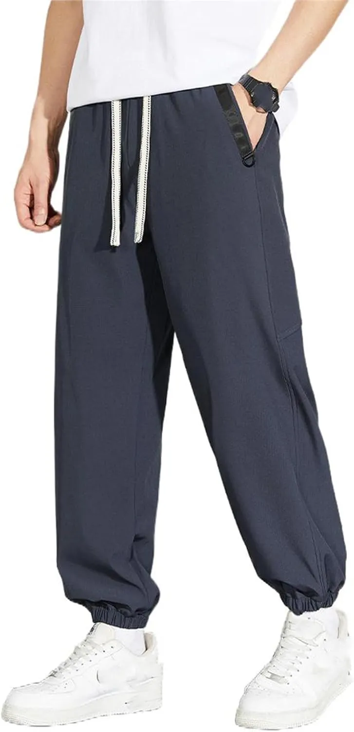 Men's Pant Ice Silk Casual Summer Lightweight Sports Loose Drawstring Cropped Spring Fall Trouser for Men