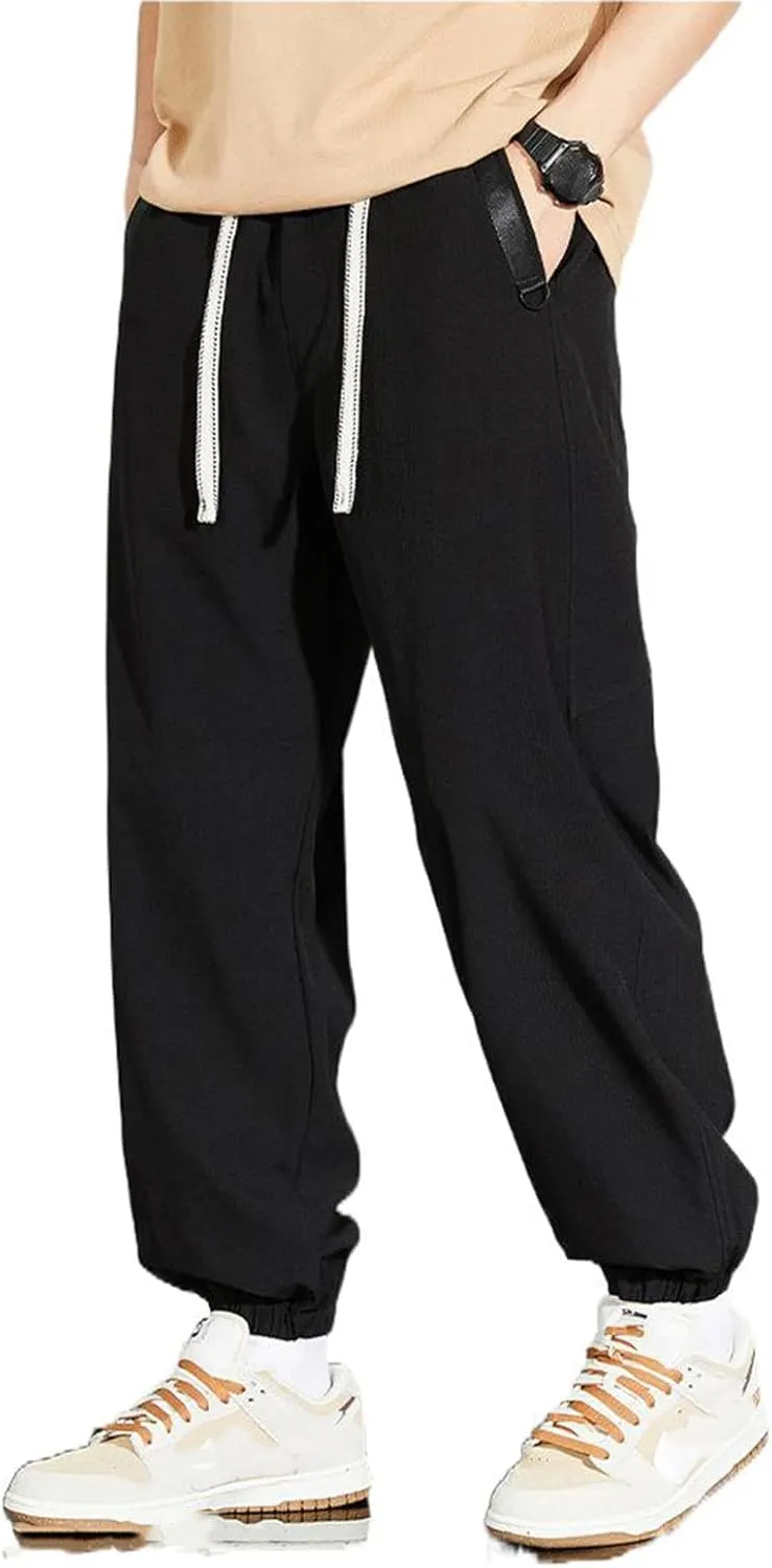 Men's Pant Ice Silk Casual Summer Lightweight Sports Loose Drawstring Cropped Spring Fall Trouser for Men
