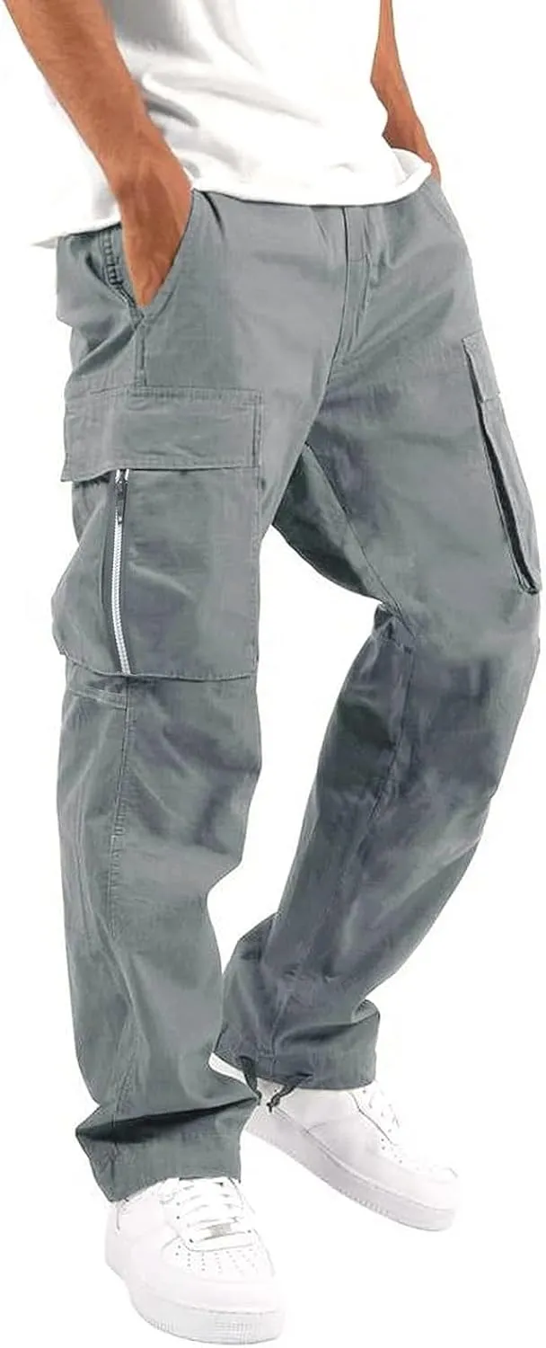 Mens Sweatpants Pants Solid Color Track Cuff Lace up Workout Pants with Pocket Trousers with Zipper Pockets