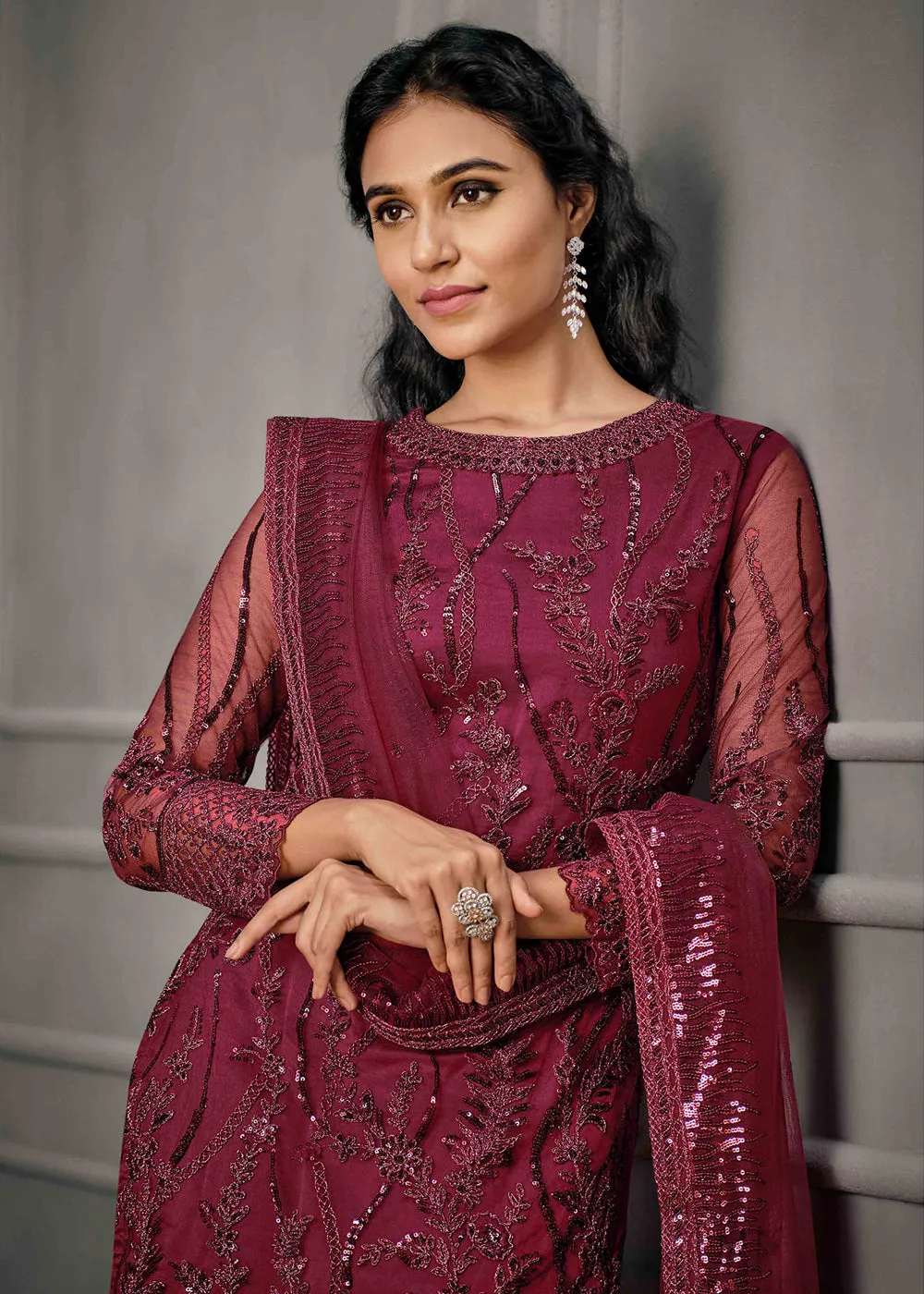 Pinkish Maroon Wedding Wear Net Embroidered Salwar Suit