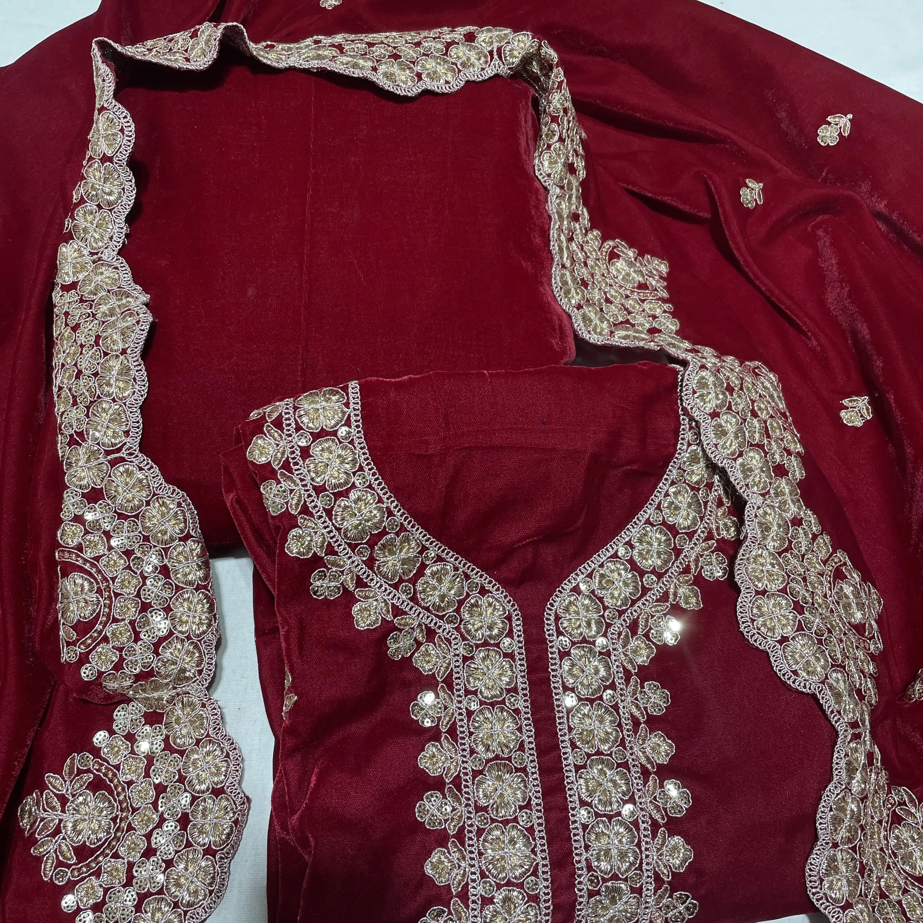 Premium Red Zari Sequins Embroidery Velvet Suit Set With Dupatta