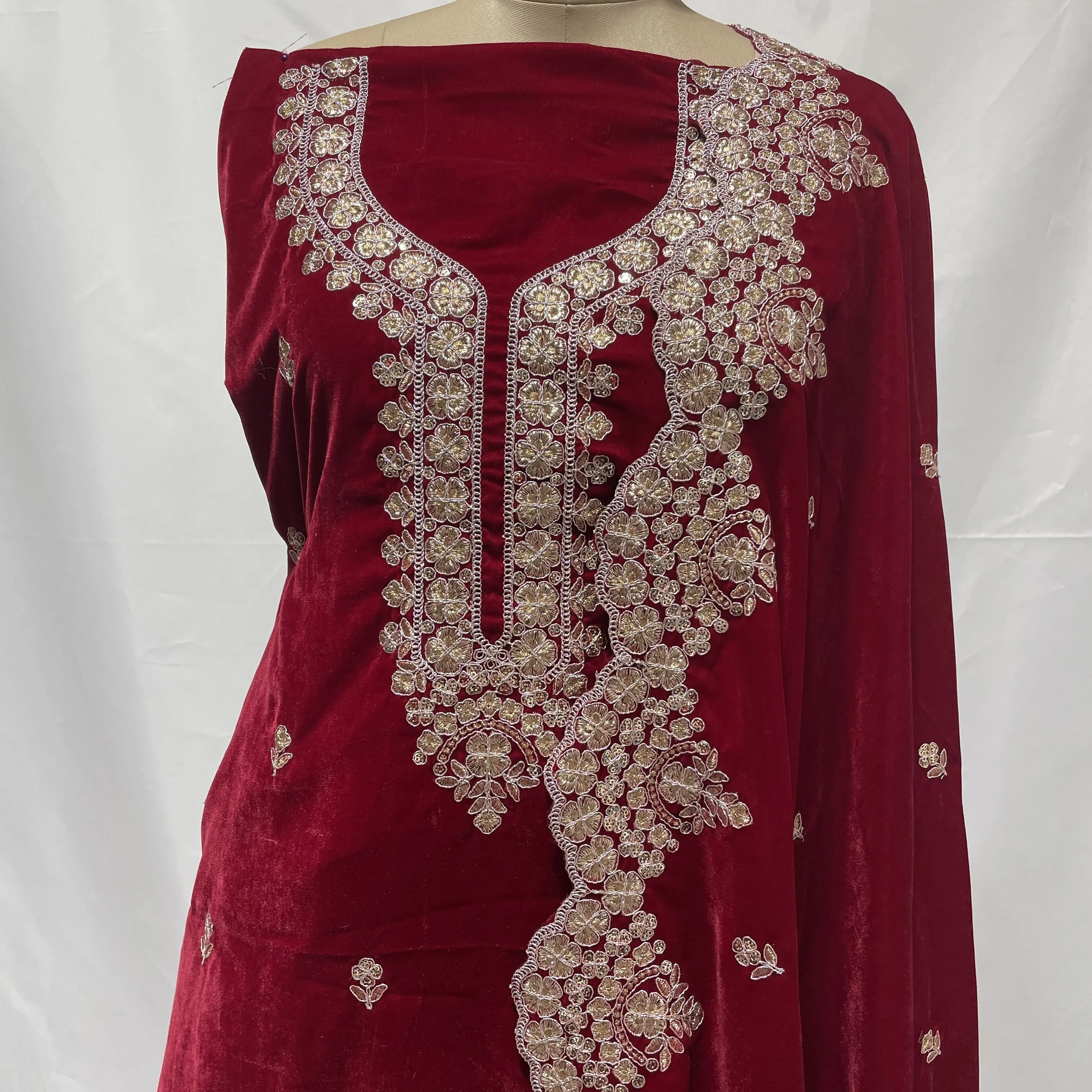 Premium Red Zari Sequins Embroidery Velvet Suit Set With Dupatta