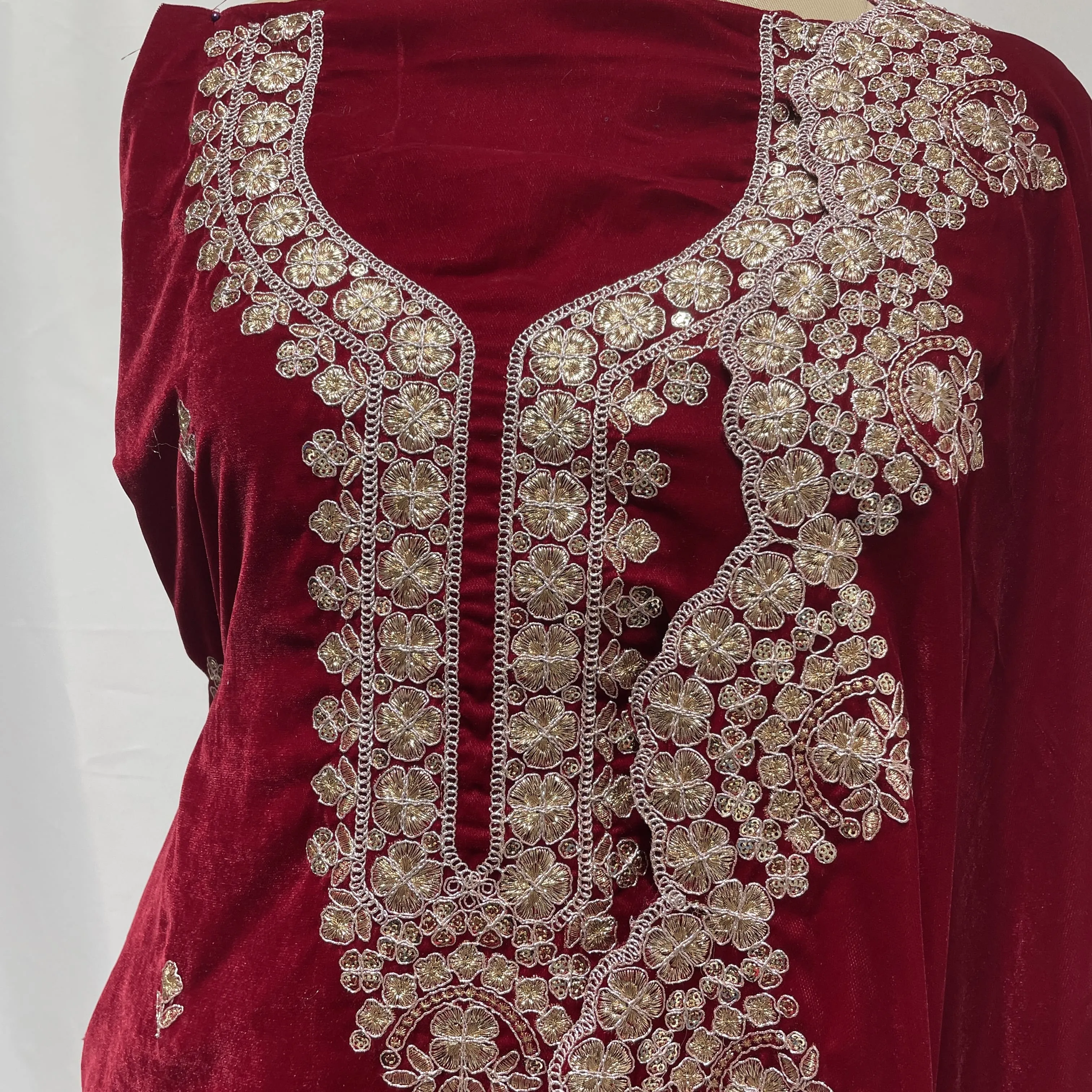 Premium Red Zari Sequins Embroidery Velvet Suit Set With Dupatta