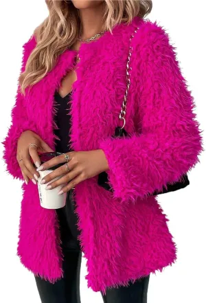 RED DOT BOUTIQUE 690 - Plus Size Open Front Statement Waterfall Collar Long Sleeves Fuzzy Coat Jacket Hot Pink Fuchsia