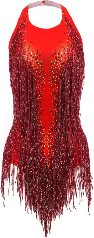 Red Rhinestone Bodysuit Women Sexy Drag Queen Outfit Backless Sleeveless Halter Latin Jazz Dance Leotard with Fringe