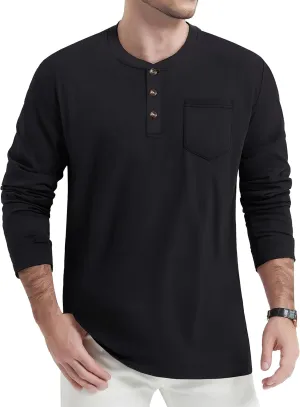 TACVASEN Men's Cotton Henley Shirts Long Slevee 3-Button with Pocket Moisture Wicking Casual Shirts