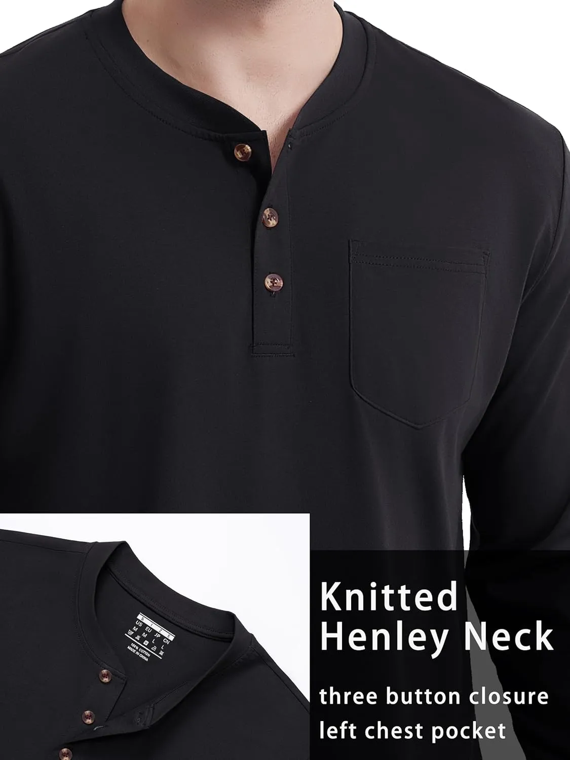TACVASEN Men's Cotton Henley Shirts Long Slevee 3-Button with Pocket Moisture Wicking Casual Shirts