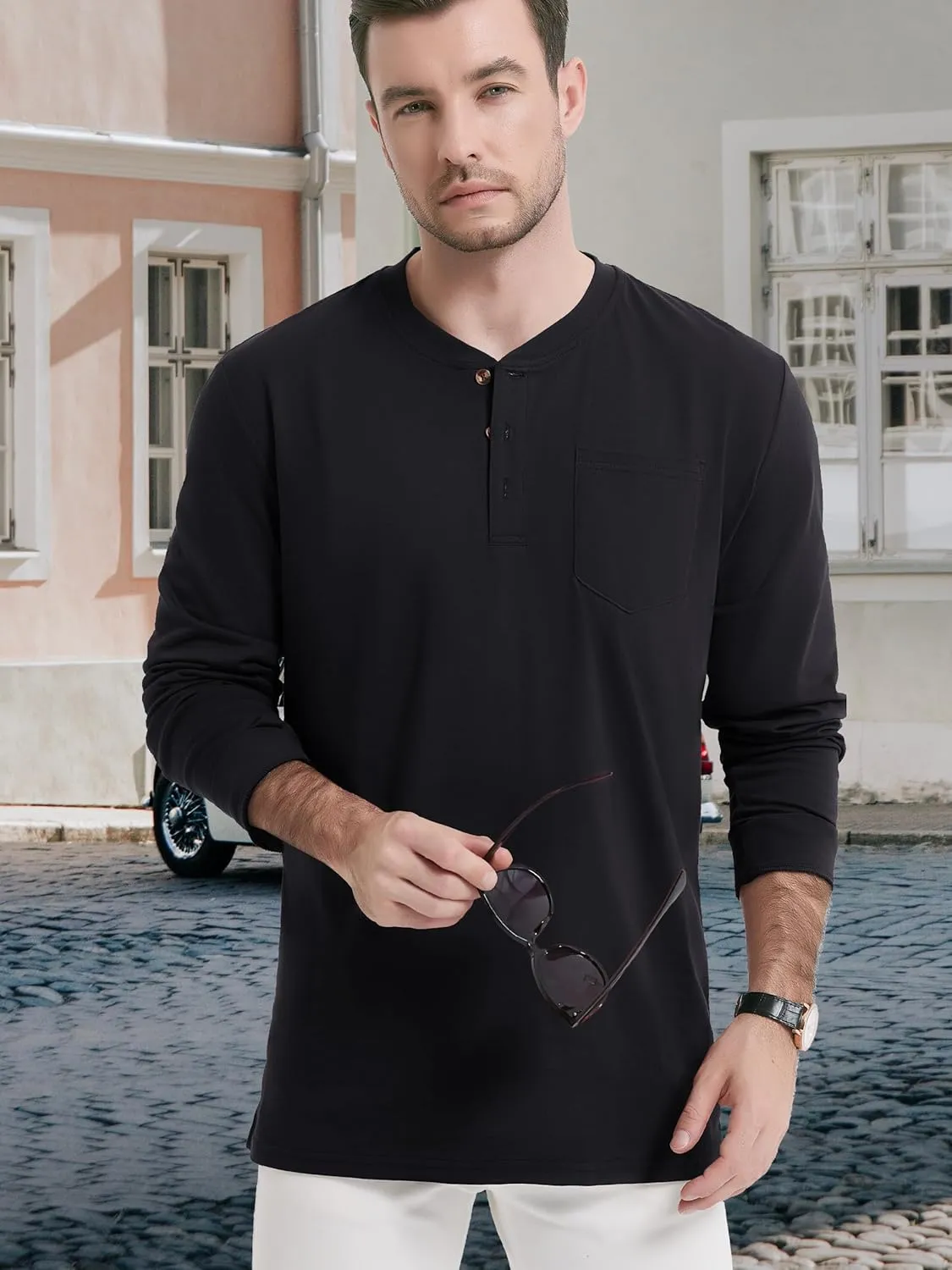 TACVASEN Men's Cotton Henley Shirts Long Slevee 3-Button with Pocket Moisture Wicking Casual Shirts
