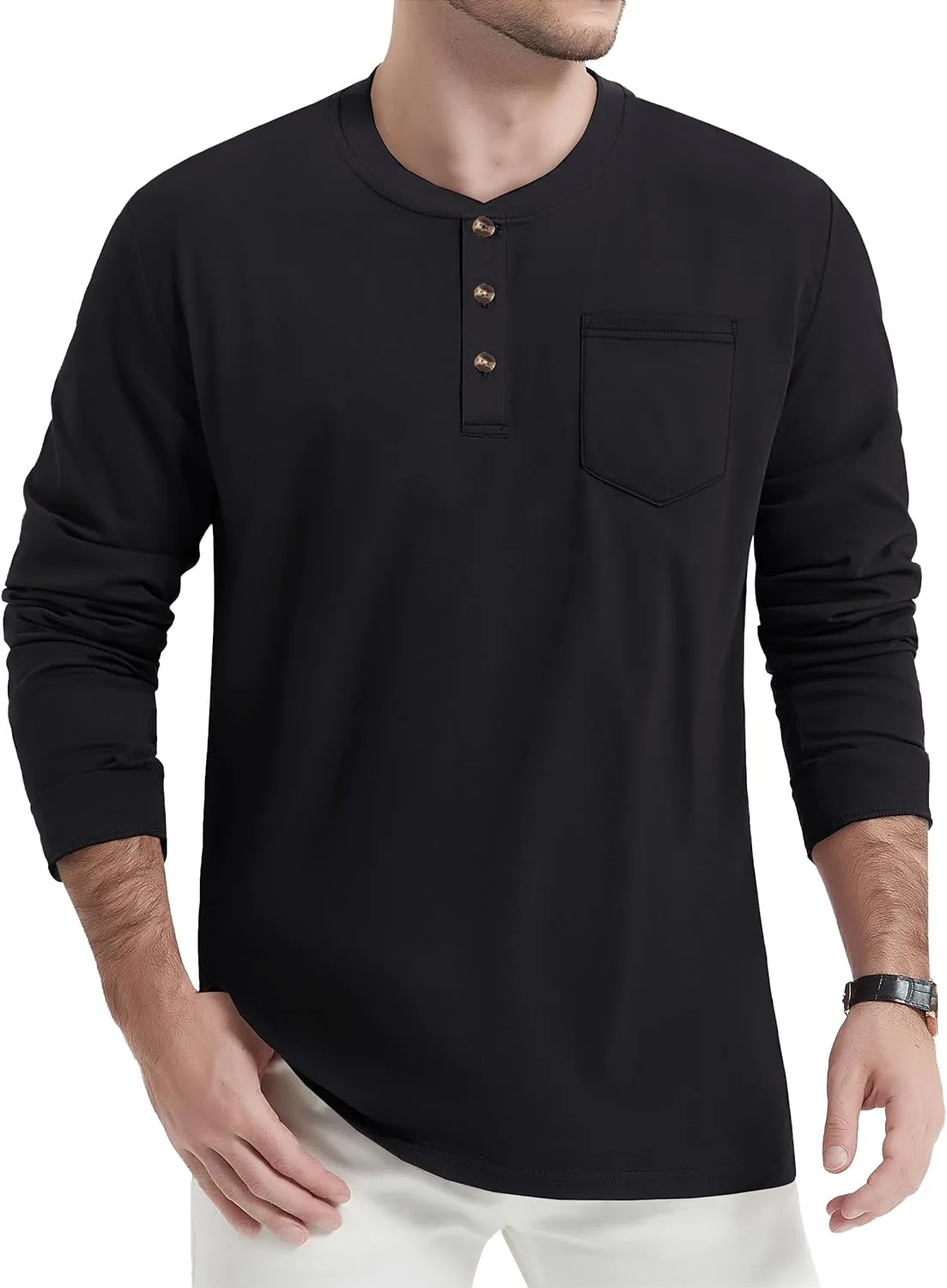 TACVASEN Men's Cotton Henley Shirts Long Slevee 3-Button with Pocket Moisture Wicking Casual Shirts