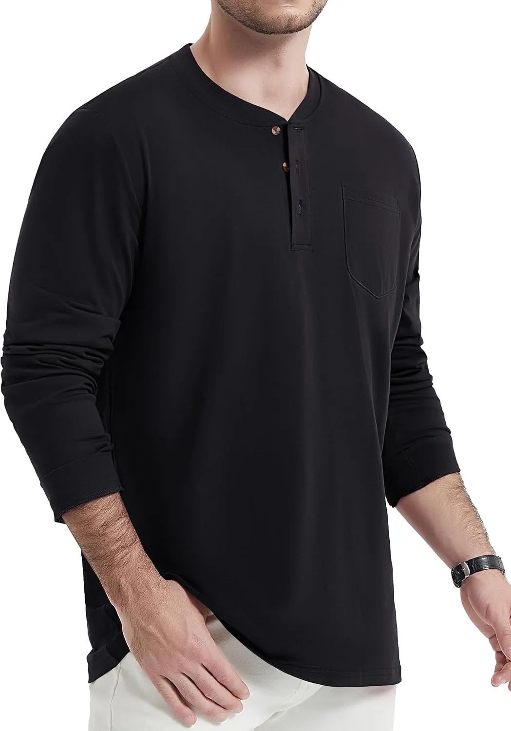 TACVASEN Men's Cotton Henley Shirts Long Slevee 3-Button with Pocket Moisture Wicking Casual Shirts