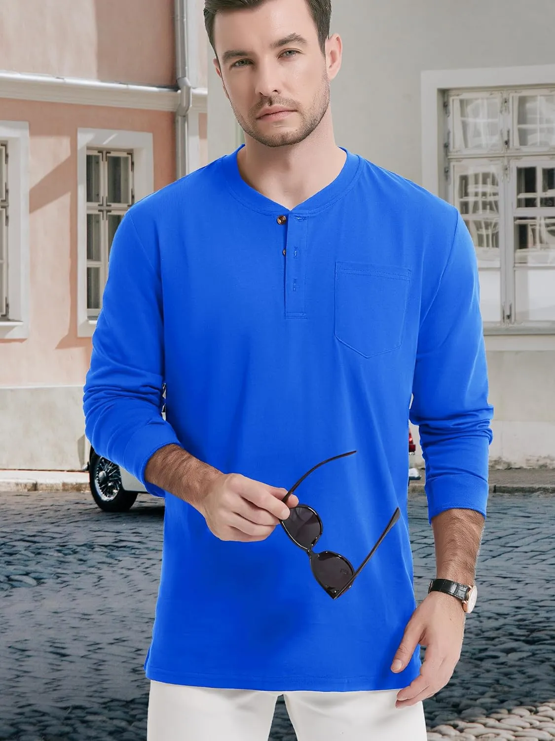 TACVASEN Men's Cotton Henley Shirts Long Slevee 3-Button with Pocket Moisture Wicking Casual Shirts