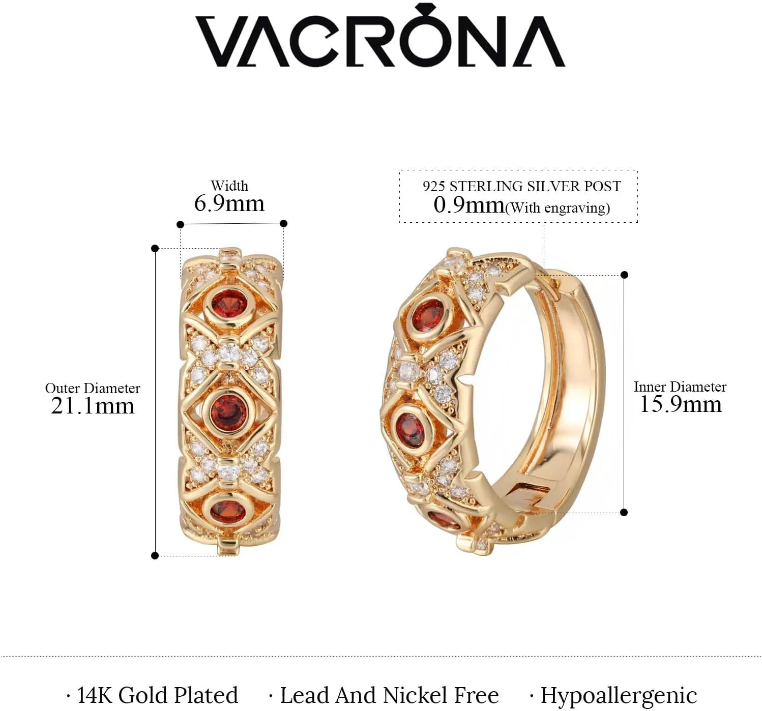 VACRONA Gold Hoop Earrings for Women | 14K Gold Plated 925 Sterling Silver Posts Blue CZ Red Cubic Zirconia Lightweight Trendy Huggie Hoops Earrings Gifts