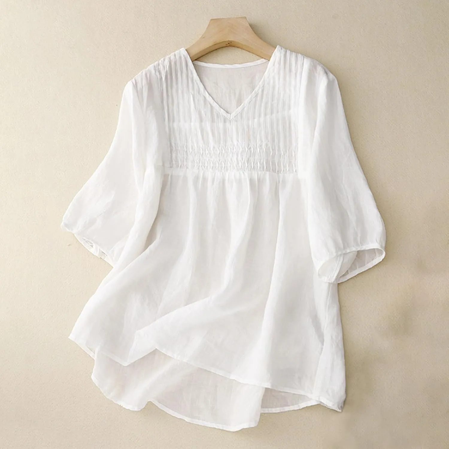 Women Cotton Linen Tops Puff Half Sleeve Solid Color Pleated V Neck Shirts Casual Loose Fit Babydoll Blouse
