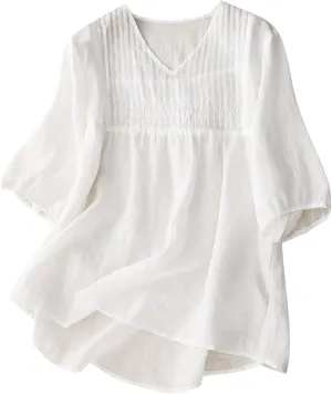 Women Cotton Linen Tops Puff Half Sleeve Solid Color Pleated V Neck Shirts Casual Loose Fit Babydoll Blouse