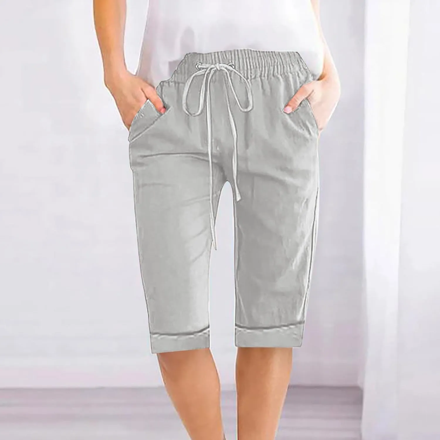Xiaojmake Linen Short for Women 2025 Loose Fit Beach Half Pants Cuffed Hem Bermuda Shorts Elastic Waist Workout Summer Short