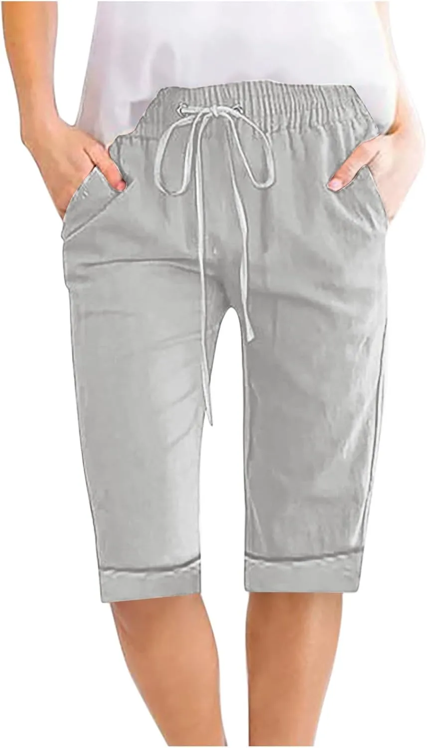 Xiaojmake Linen Short for Women 2025 Loose Fit Beach Half Pants Cuffed Hem Bermuda Shorts Elastic Waist Workout Summer Short