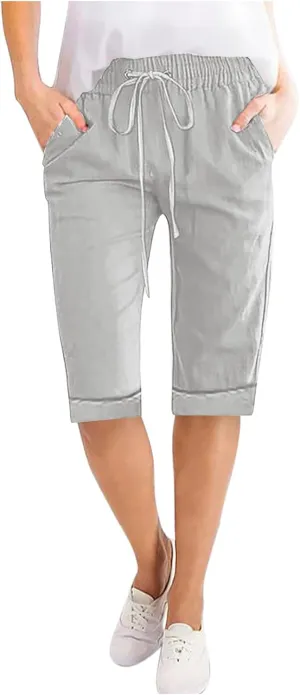 Xiaojmake Linen Short for Women 2025 Loose Fit Beach Half Pants Cuffed Hem Bermuda Shorts Elastic Waist Workout Summer Short