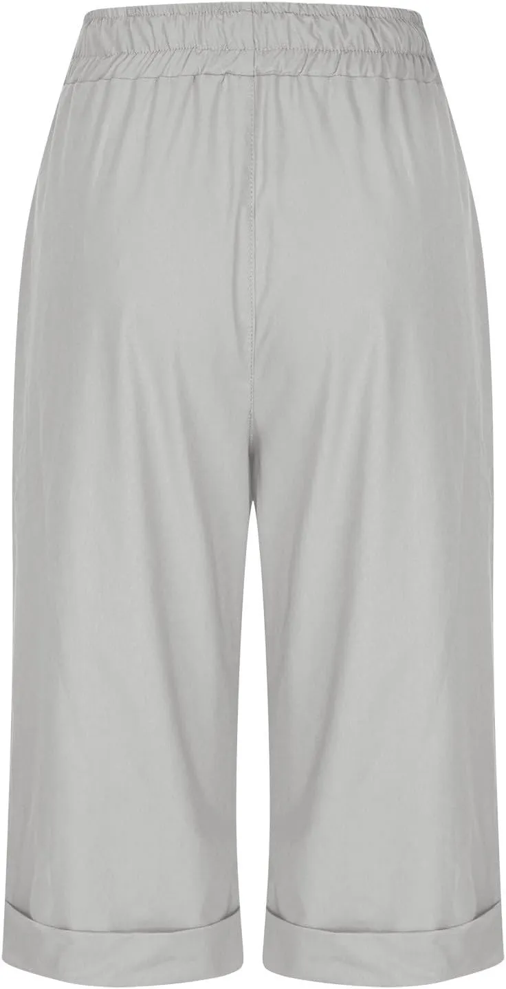 Xiaojmake Linen Short for Women 2025 Loose Fit Beach Half Pants Cuffed Hem Bermuda Shorts Elastic Waist Workout Summer Short