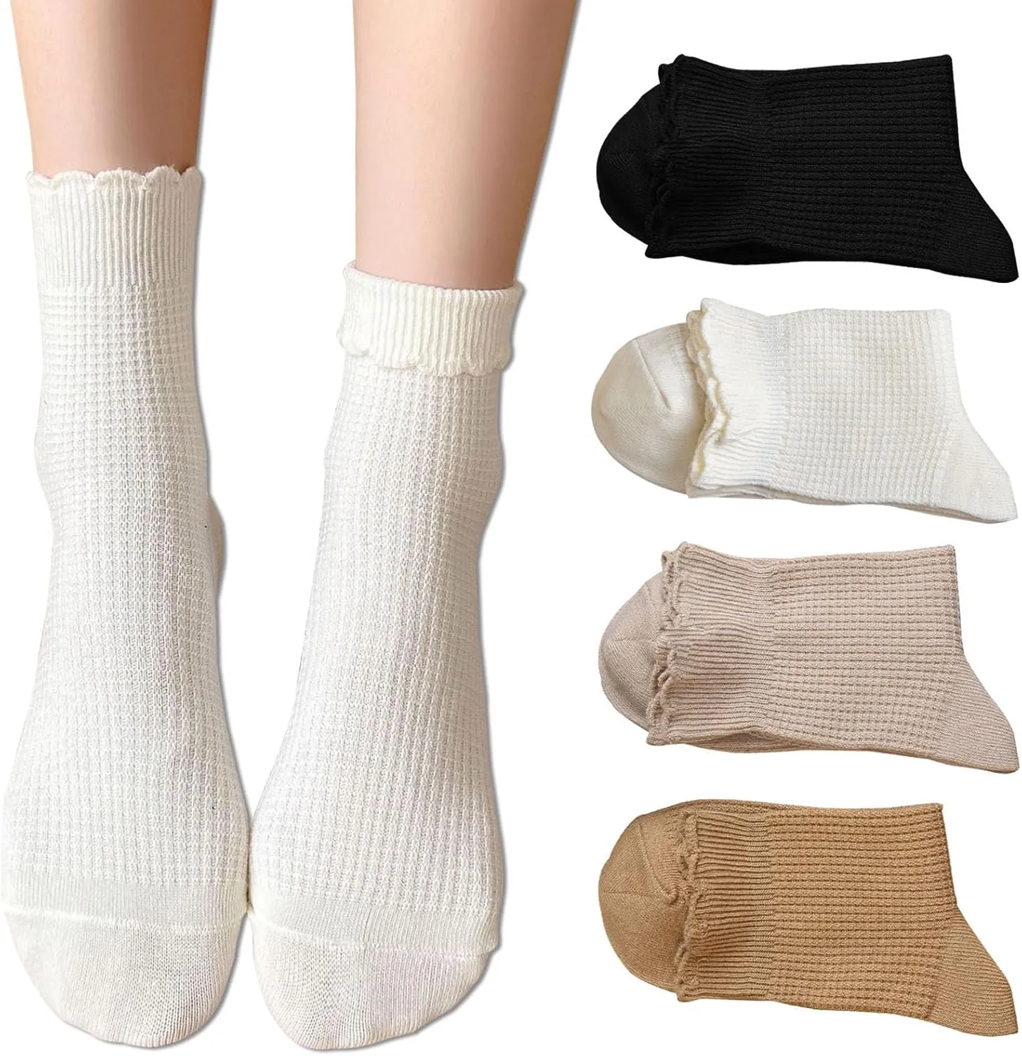 zrylibya Women Cute Ruffle Frilly Turn Cuff Ankle Socks Scalloped Pointelle Solid Casual Crew Socks 4 Pairs